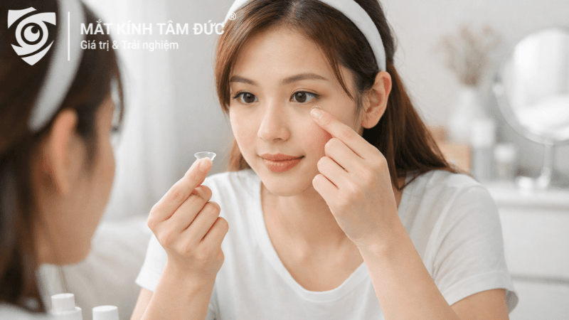 Cô gái lần đầu đeo kính áp tròng trước gương trong không gian sạch sẽ