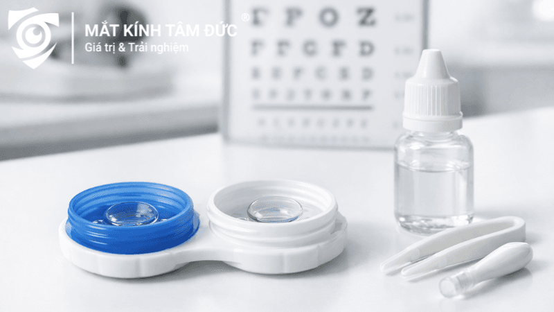 Kính áp tròng Ortho K và bộ dụng cụ chăm sóc đặt trên bàn tư vấn trong phòng khám mắt hiện đại