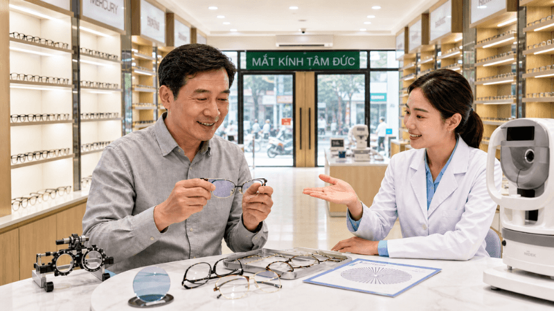 Chuyên viên tư vấn kính lão đa tròng cho khách hàng trung niên tại cửa hàng mắt kính