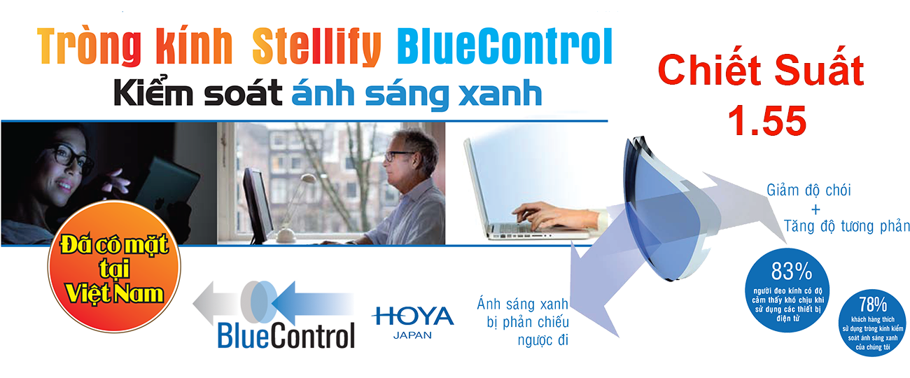 Tròng kính lọc ánh sáng xanh HOYA Stellify Blue Control 1.55 được thiết kế lớp váng kiểm soát ánh sáng xanh với ánh phản quang màu xanh biển, cho bạn cảm giác thoải mái với màn hình của các thiết bị điện tử.