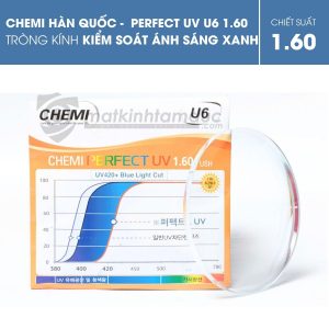 Tròng kính CHEMI 1.60 PERFECT UV CRYSTAL U6 COATED kiểm soát ánh sáng xanh