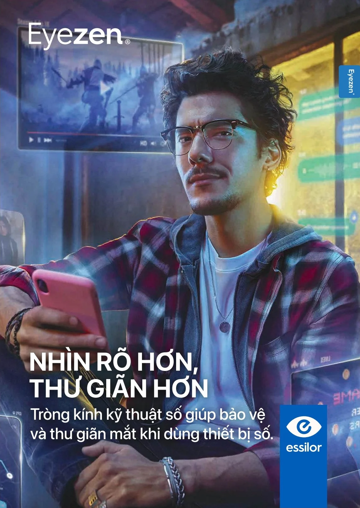 Tròng kính Essilor Eyezen Crizal hỗ trợ điều tiết giảm mỏi mắt, thư giãn và bảo vệ mắt khi dùng màn hình máy tính, điện thoại, chơi Game,... được thiết kế tối ưu theo từng độ tuổi.