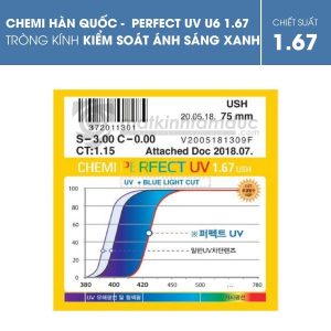 Tròng kính CHEMI 1.67 PERFECT UV CRYSTAL U6 COATED kiểm soát ánh sáng xanh