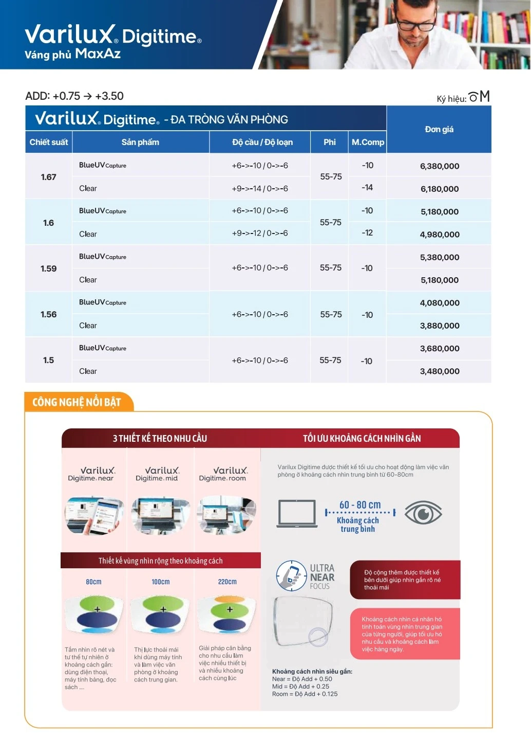 Essilor Varilux Digitime váng phủ MaxAz với 5 tính năng cơ bản (dòng Clear): Bảo vệ mắt toàn diện trước các tác nhân ảnh hưởng đến thị lực: Chống phản quang, chống trầy xước, chống bám nước, chống bám bụi bẩn, chống bám vân tay, chống tia UV 2 mặt với chỉ số E-SPF35. Tròng Kính Đa Tròng Essilor Varilux Digitime BlueUV Capture (lọc ánh sáng xanh thông minh): Ngăn ánh sáng xanh có hại phát ra từ ánh nắng mặt trời và các màn hình thiết bị điện tử, đồng thời cho tia sáng xanh ngọc có lợi đi qua.