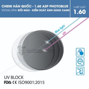 Tròng CHEMI 1.60 ASP Photoblue kiểm soát ánh sáng xanh, đổi màu