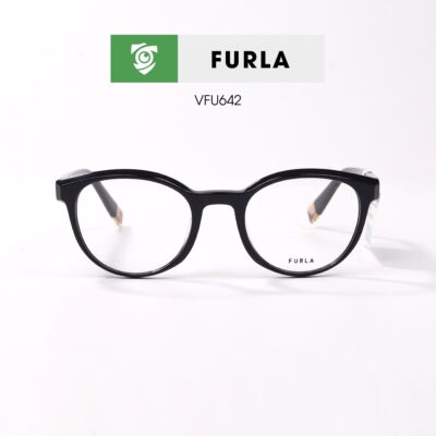 Gọng kính FURLA VFU642 0700 - màu đen bóng - khung kính tròn - hình chụp mặt trước sản phẩm