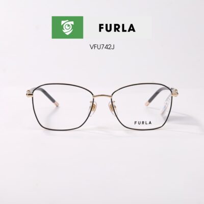 Gọng kính FURLA VFU742J 0301 - màu đen vàng - khung kính cánh bướm - hình chụp mặt trước sản phẩm