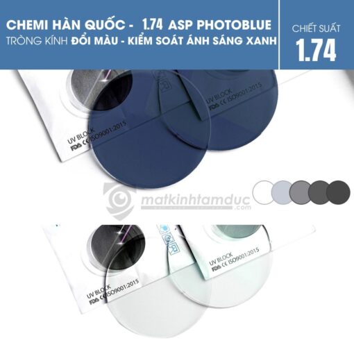 Tròng kính đổi màu kiểm soát ánh sáng xanh - Chemi 1.74 ASP PhotoBlue - Hình ảnh 3