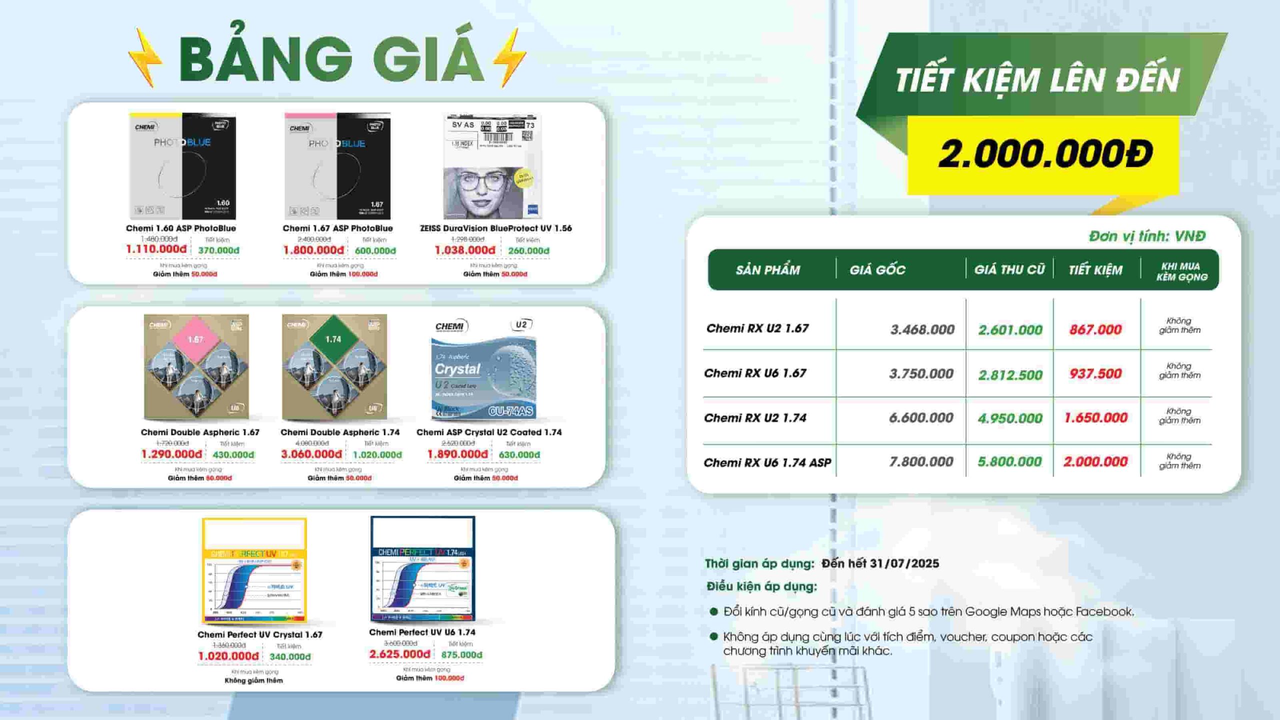 Bảng giá chương trình "THU CŨ ĐỔI MỚI" tại Mắt Kính Tâm Đức