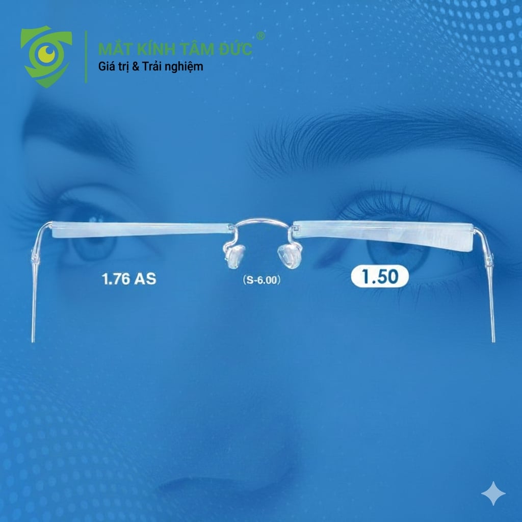 so sánh giữa 2 độ cận 1.76 và 1.5 cho thấy độ dày của 1.5 dày hơn 1.76 nên khuyên độ cận thấp sử dụng kính tròng siêu mỏng