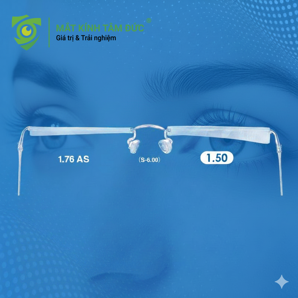 so sánh giữa 2 độ cận 1.76 và 1.5 cho thấy độ dày của 1.5 dày hơn 1.76 nên khuyên độ cận thấp sử dụng kính tròng siêu mỏng