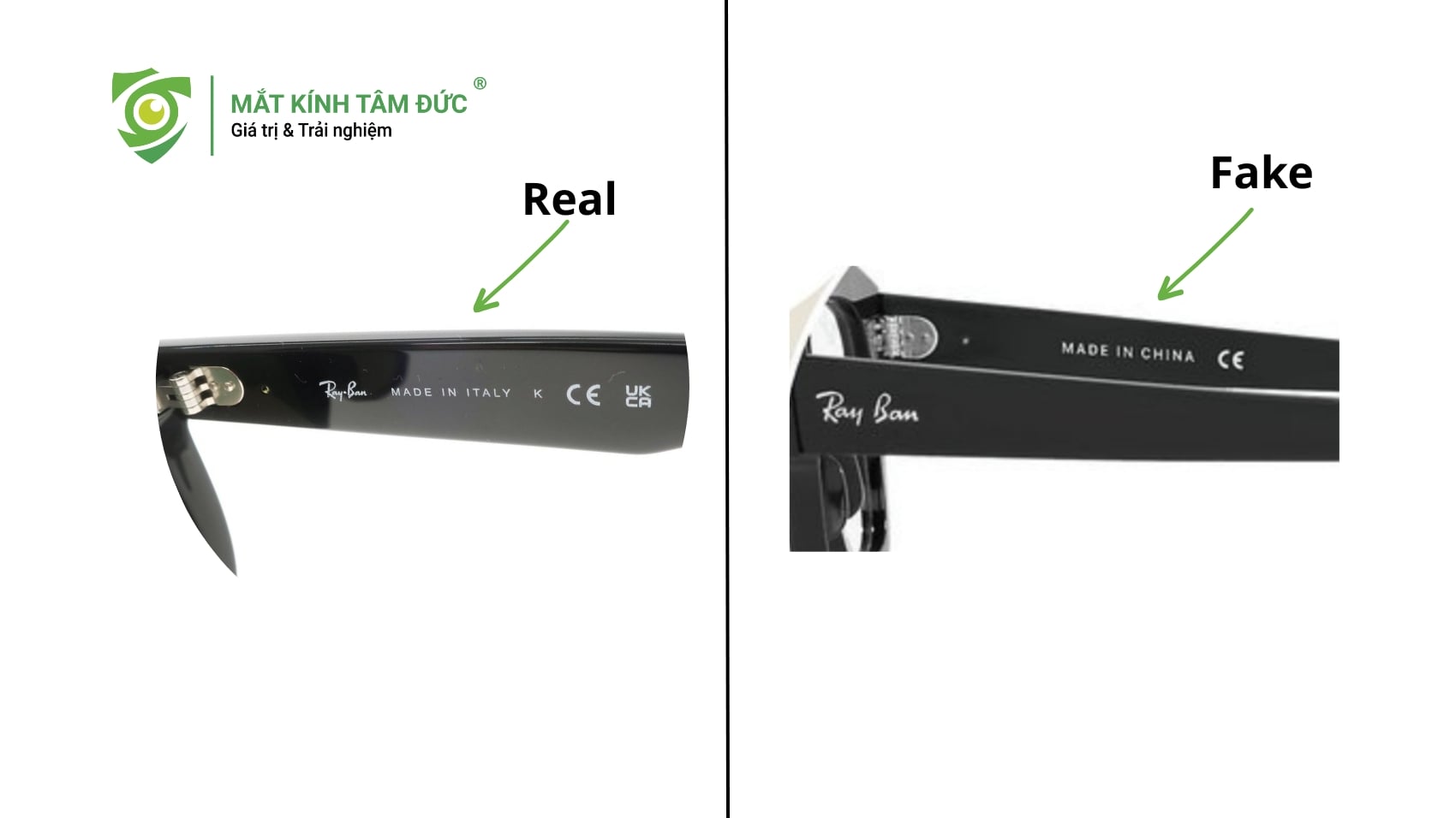 Cách phân biệt gọng kính Ray-Ban chính hãng và hàng giả qua càng kính
