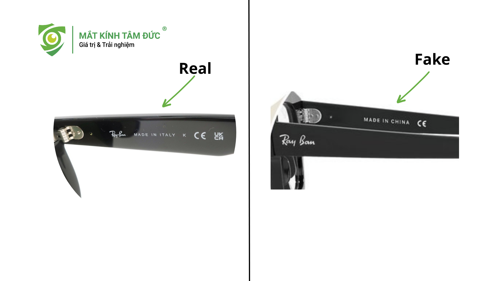 Cách phân biệt gọng kính Ray-Ban chính hãng và hàng giả qua càng kính