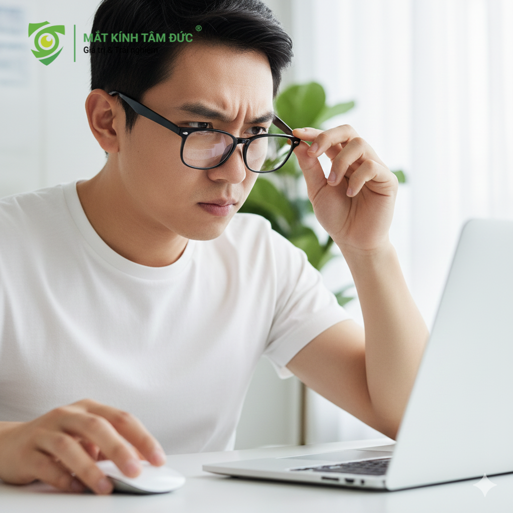 Dấu hiệu dễ nhận thấy nhất của một chiếc gọng kính bị lệch. Dù bạn đã liên tục dùng tay đẩy kính lên nhưng chỉ vài giây sau kính lại trượt xuống mũi.