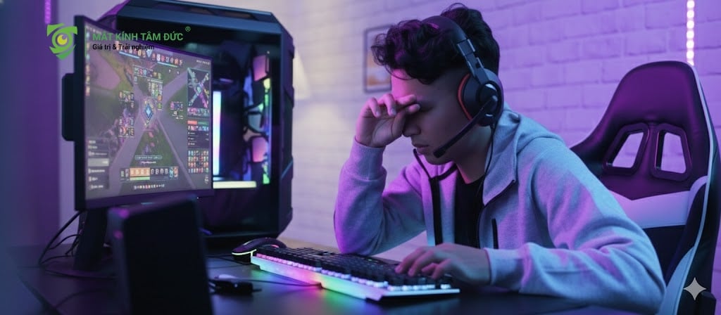 game thủ ngồi trước màn hình máy tính chơi game với ánh sáng neon tím, thể hiện sự mệt mỏi