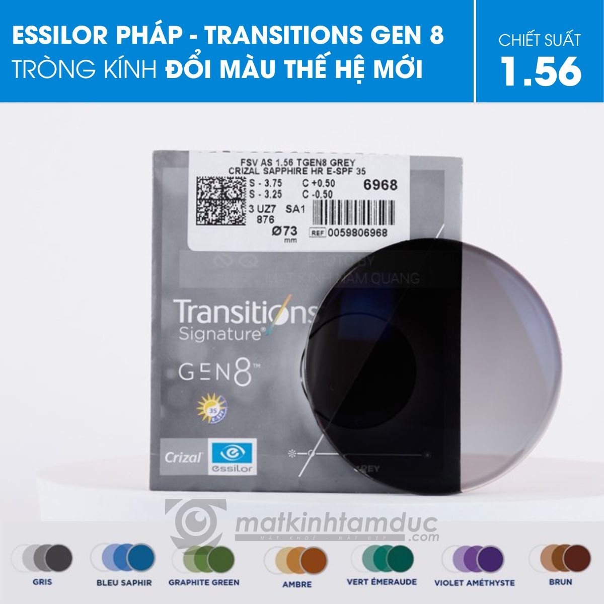 Tròng kính đổi màu Transition Gen 8 tròng trong suốt khi ở trong nhà và tự động đậm màu khi ra nắng