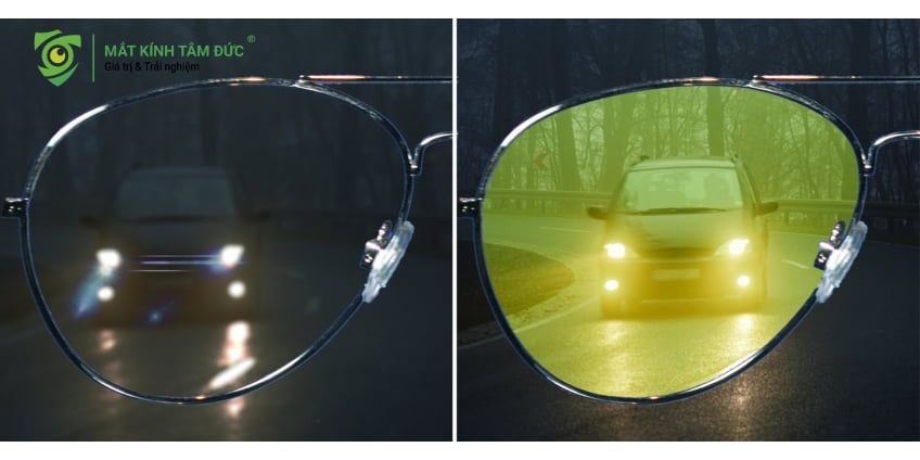 Kính lái xe ban đêm có màu vàng hoặc hổ phách nhạt. Màu sắc này hoạt động như một bộ lọc thông minh, giúp tăng cường độ tương phản