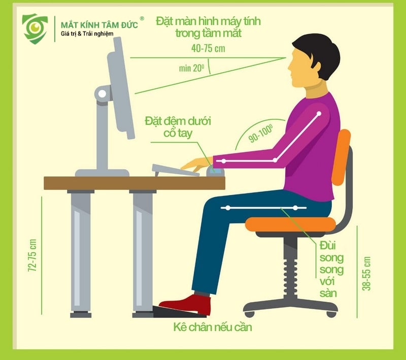 Điều chỉnh tư thế đúng với máy tính để giảm tình trạng mỏi mắt