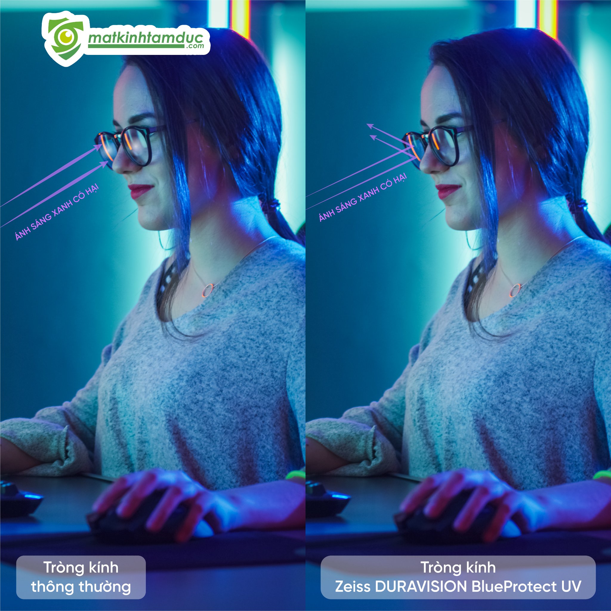 Có nên đeo kính cận khi dùng điện thoại để tránh tăng độ cận bằng cách sử dụng tròng kính Zeiss lọc ánh sáng xanh cao cấp.