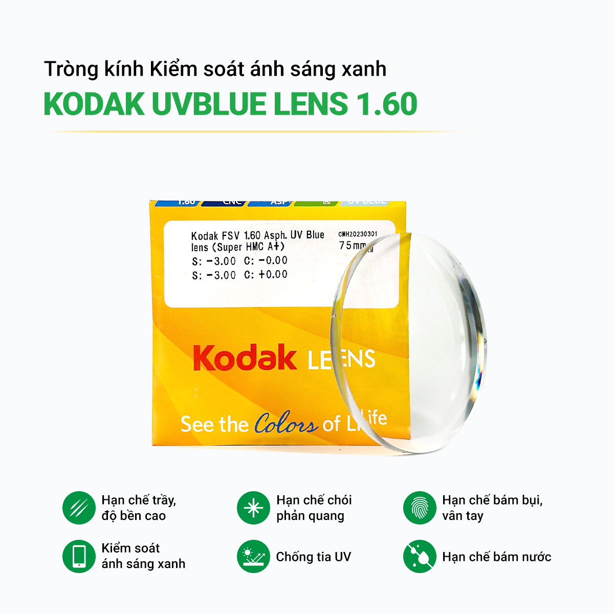 Dòng tròng kính lọc ánh sáng xanh phôi (Kodak Blue UV) ngăn chặn hội chứng thị giác màn hình
