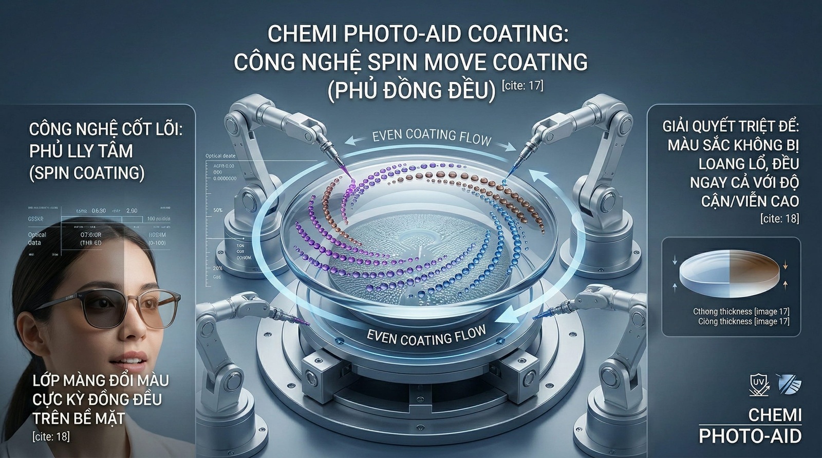 Chemi Photo Aid 1.60 là thế hệ tròng kính đổi màu mới từ thương hiệu Chemi danh tiếng của Hàn Quốc, mang đến một giải pháp thị lực chất lượng và giàu tính thẩm mỹ. Được thiết kế đặc biệt để khắc phục những hạn chế của các dòng kính đổi màu trước đây, sản phẩm này sử dụng công nghệ phủ bề mặt hiện đại giúp màu sắc thay đổi đồng đều trên toàn bộ tròng kính