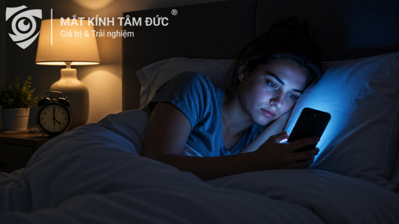 Người trẻ dùng điện thoại trước khi ngủ trong phòng tối, minh họa ánh sáng xanh ảnh hưởng giấc ngủ