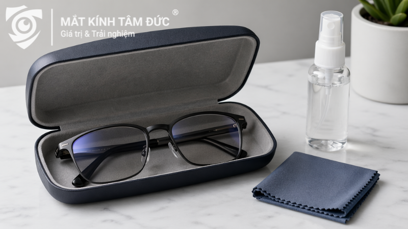 Cách bảo quản tròng kính đổi màu đúng cách với hộp kính khăn microfiber và dung dịch lau 