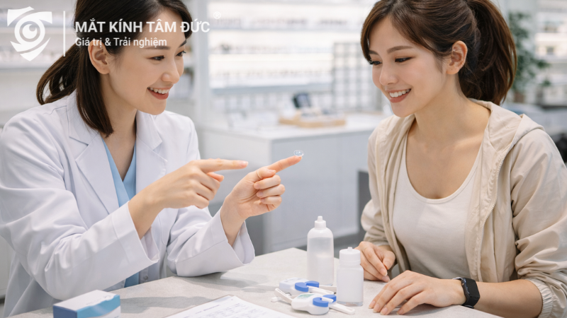 Chuyên viên tư vấn khách hàng chọn kính áp tròng phù hợp tại cửa hàng mắt kính