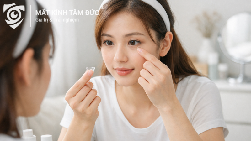 Cô gái lần đầu đeo kính áp tròng trước gương trong không gian sạch sẽ