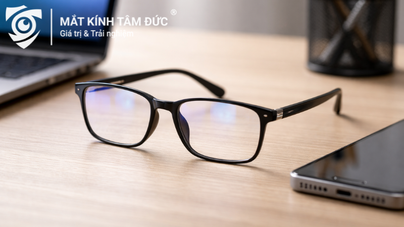 Cận cảnh tròng kính chống ánh sáng xanh đặt cạnh laptop và điện thoại trên bàn làm việc