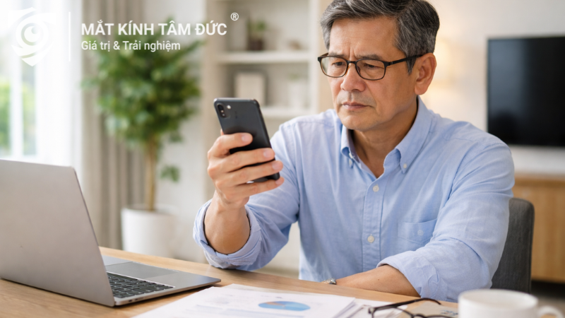 Người đeo kính phải đưa điện thoại ra xa để nhìn rõ khi nhìn gần khó hơn