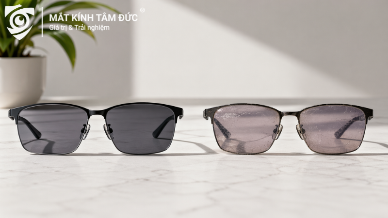 So sánh tròng kính đổi màu mới và tròng cũ xuống cấp với dấu hiệu trầy xước và đổi màu kém hơn