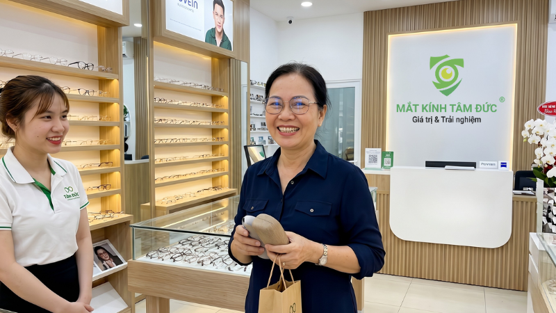 Khách hàng đeo kính mới và hài lòng sau khi được tư vấn kính đa tròng
