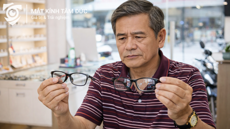 Khách hàng đang so sánh kính đơn tròng và kính đa tròng tại cửa hàng mắt kính