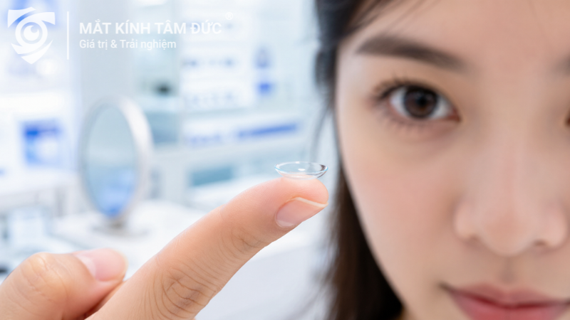 Kính áp tròng cận trong suốt đặt trên đầu ngón tay