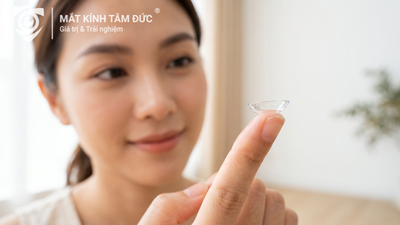 Cận cảnh kính áp tròng trong suốt đặt trên đầu ngón tay