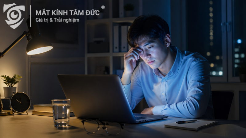 Người trẻ làm việc máy tính đến tối muộn, minh họa tác động của ánh sáng xanh đến mắt và giấc ngủ