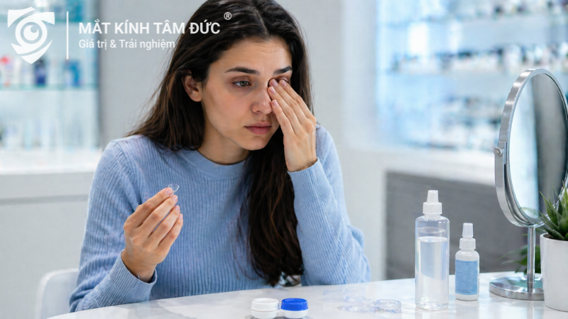 Mắt khó chịu khi dùng lens cận sai cách