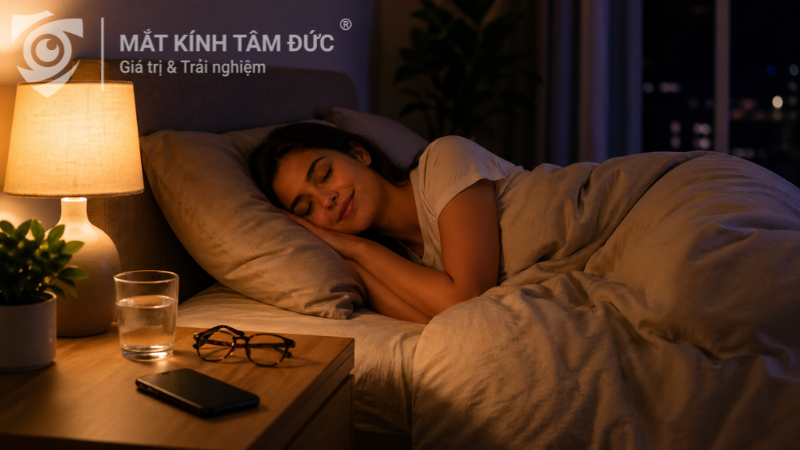 Người trẻ ngủ ngon trong phòng ngủ hiện đại, bên cạnh có kính chống ánh sáng xanh và điện thoại đặt xa giường