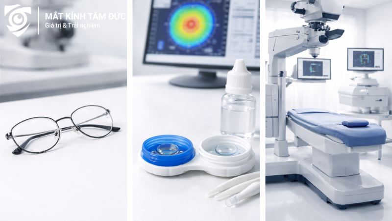 So sánh kính gọng, kính Ortho K và mổ cận qua hình ảnh minh họa trực quan