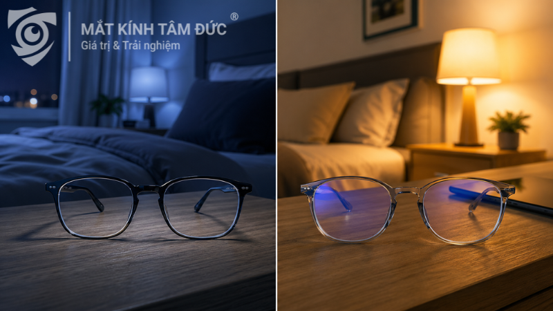 So sánh tròng thường và tròng chống ánh sáng xanh trong phòng ngủ buổi tối, minh họa ánh sáng xanh ảnh hưởng giấc ngủ