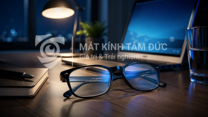 Cận cảnh kính chống ánh sáng xanh đặt trước laptop, minh họa tròng kính hỗ trợ lọc ánh sáng xanh