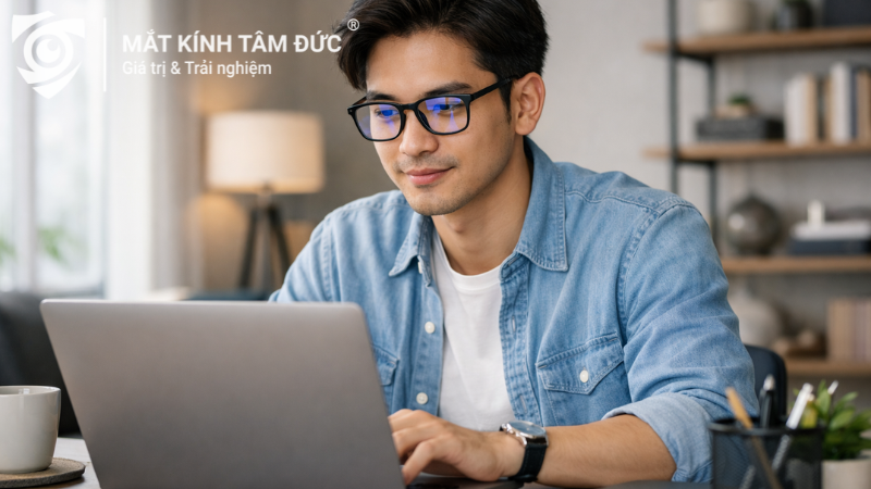 Người trẻ đeo tròng kính chống ánh sáng xanh khi làm việc với laptop trong không gian hiện đại