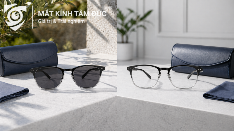 Tròng kính đổi màu có bền không với hình ảnh cặp kính đổi màu đặt trên bàn cùng hộp kính và khăn lau