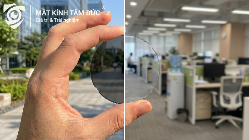 Cận cảnh tròng kính đổi màu chuyển màu dưới nắng cho thấy khả năng hoạt động thực tế của tròng