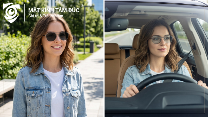 So sánh tròng kính đổi màu ngoài trời và khi ngồi trong ô tô