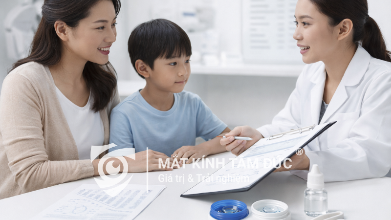 Chuyên viên tư vấn chi phí kính Ortho K cho phụ huynh và trẻ em tại phòng khám mắt