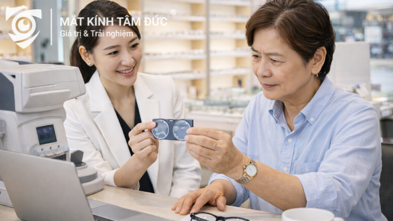 Chuyên viên mắt kính tư vấn kính đa tròng cho khách hàng