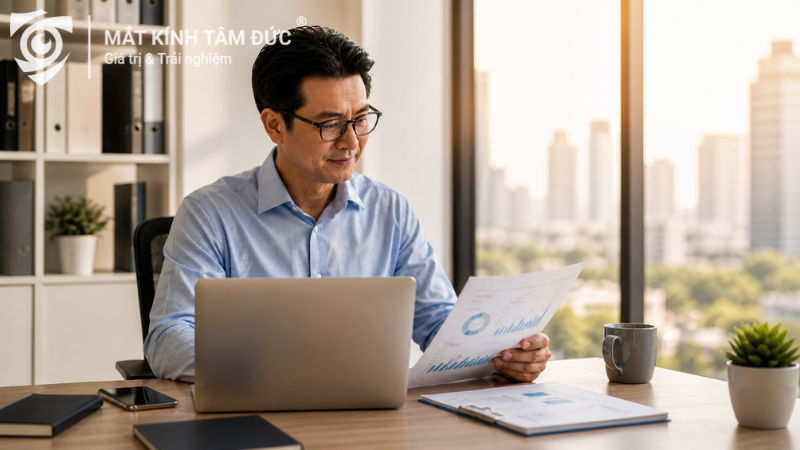 Người trung niên đeo kính lão đa tròng khi làm việc với máy tính điện thoại và tài liệu