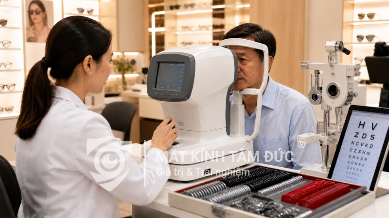 Đo mắt chính xác trước khi làm kính lão đa tròng cho khách hàng trung niên